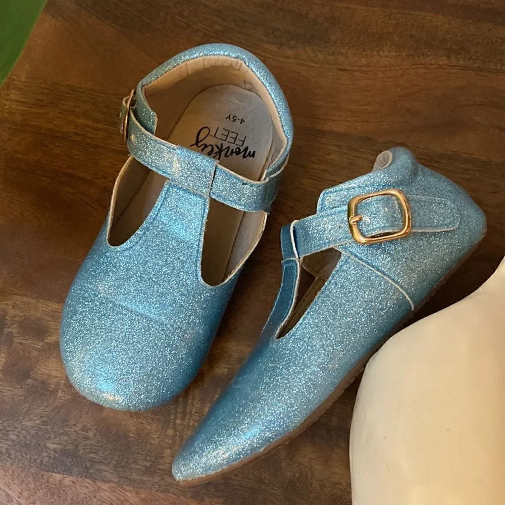 Blue Enchanted Glitter Monkey Feet Girl Shoes 4-5 Y